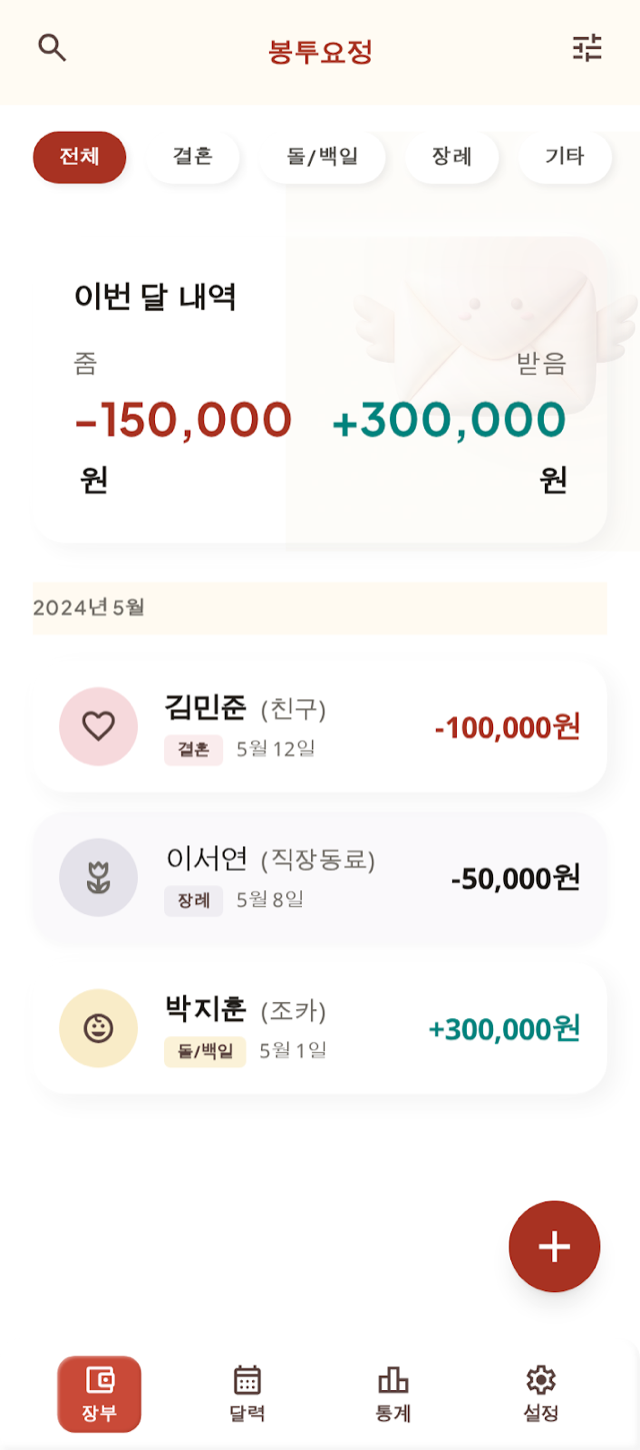 Bongtu Yojeong design preview — ledger home with monthly given and received summary