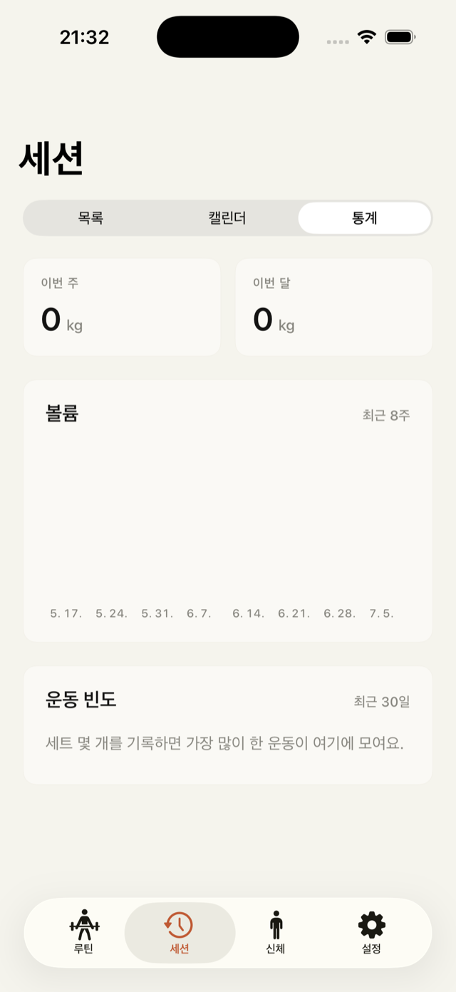 MoreReps — progress statistics screen with weekly and monthly volume